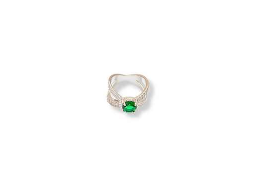 Emerald Green Twisted Silver Plated Ring