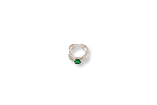 Emerald Green Twisted Silver Plated Ring